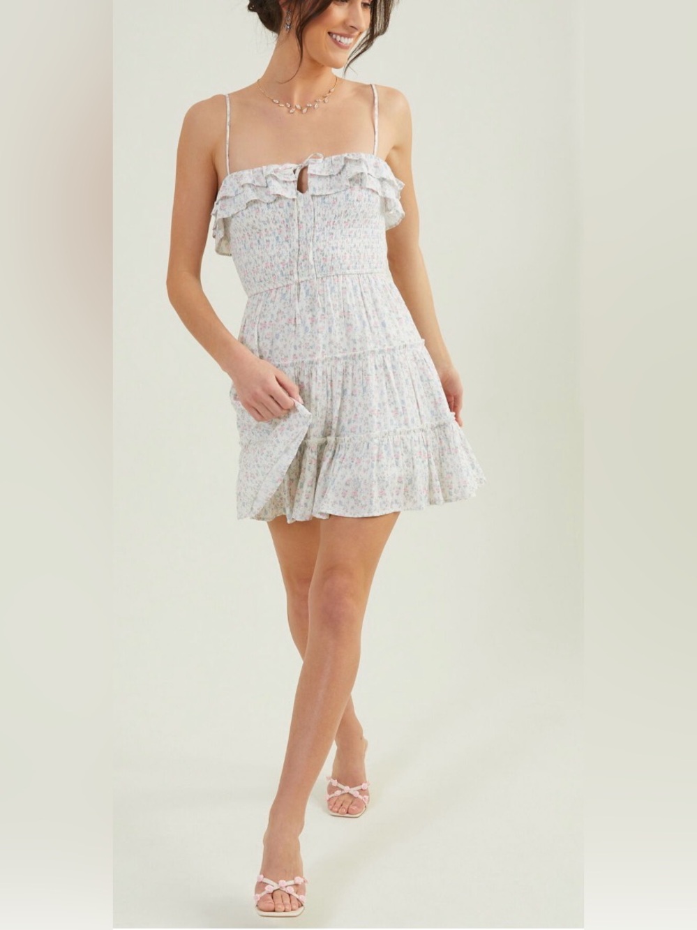 Altar'd State White Smocked Floral Sundress with Pink & Blue Accents